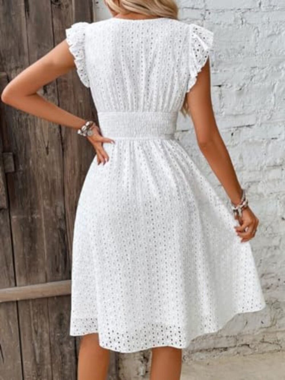 ๐ Women's Summer Sexy Eyelet Lace Embroidery Smocked Dress Flutter Sleeve - Picture 2 of 2